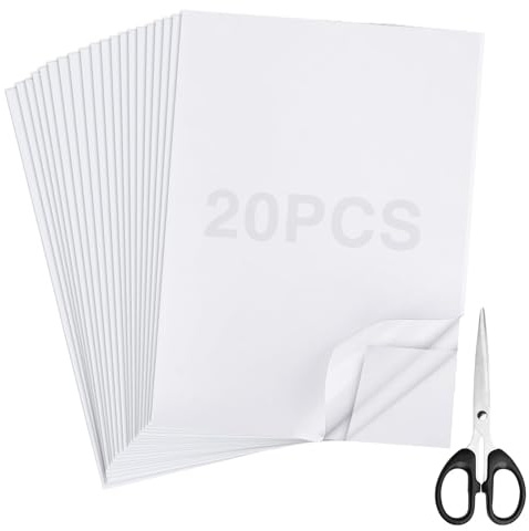 Realure 20 Pcs A4 Double Sided Adhesive Sheets with Scissors, Clear Self-Adhesive Sticky Craft Tape Sheet, Multifunctional Sticky White Paper, Suitable for Handicraft DIY, Art Album Making