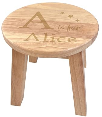 The Lovely Keepsake Company Personalisierbarer Holzhocker mit Gravur des Namens und der Initiale des Kindes, Massivholz für Kleinkinder, Kinderzimmerdekoration, Geschenk, 26 cm breit x 26 cm hoch
