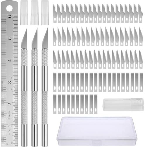 KAIYAYA 3 Pièces Scalpel Chirurgical avec 90 Pcs Lame Scalpel, Boîte en plastique et règle en acier inoxydable, Précision Cutter pour Découpe de Modelisme Papier Diy Sculpture Loisirs