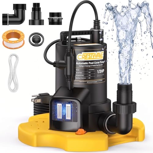 CrestWave 1/3 HP Automatic Pool Cover Pump, Submersible Water Pump with Unique External Sensor Switch & 3/4” Check Valve Adapter, Water Removal for Swimming Pool Cover, Pond, Basement and more