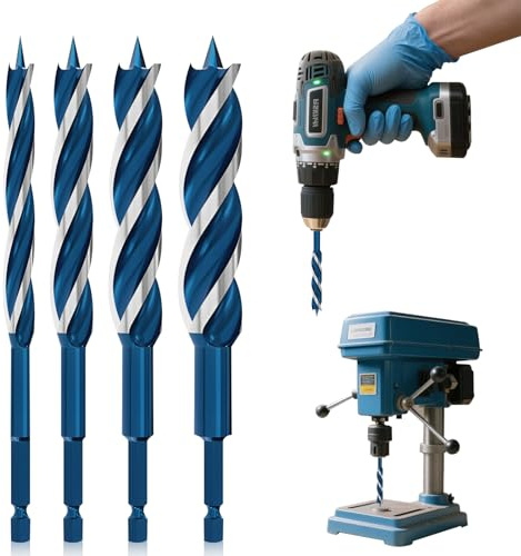 4 pcs Brad-Point Drill Bits, VEINARDYL Carbon Steel Four-pointed Drill Bit for Wood, Compressed Board, Plastic, Rubber - 155mm Length, 6/8/10/12mm Dia