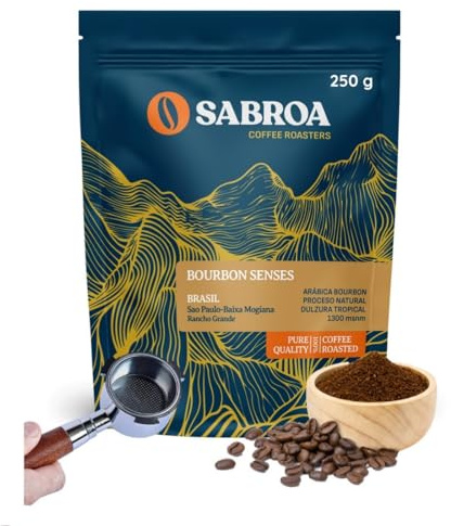 Sabroa Café de Especialidad Molido para Portafiltros sin Fondo Cesta sin presurizar Tueste Natural 100% Arábica Alta Altitud Aromatico Intenso Acidez Equilibrada (250Gr, Brasil)