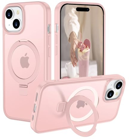 HGH Custodia per iPhone 15 da 6,1 pollici, con supporto per MagSafe, custodia con supporto ad anello, retro trasparente, sottile, antiurto, per iPhone 15 (rosa)