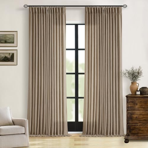 TWODRAPES Farmhouse Tan Brown Linen Curtains 102 Inches Long Living Room Pinch Pleated Drape with Hooks Rings for Track System Light Filtering 102 Inch Curtain for Bedroom Sliding Patio Door 2 Panels
