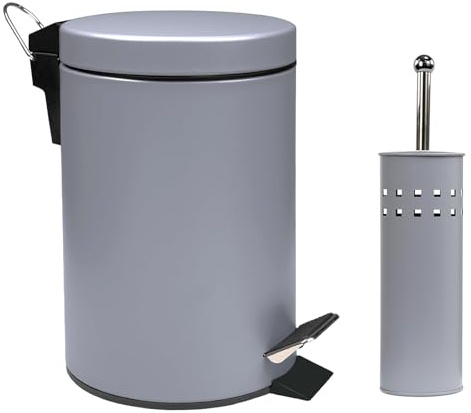 Crystals 3L Small Pedal Bin with Toilet Brush Set – Compact Waste Bin for Bathroom, Kitchen or Toilet, Soft Close Lid & Hygienic Hands-Free Design, Modern Rubbish Bin with Matching Brush Holder Grey