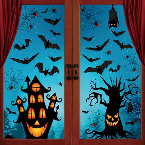 Nymora 63Pcs Halloween Fensteraufkleber, Gruselige Geister Kürbis Fledermäuse Fensterbilder für Fenster Tür Halloween Party Deko