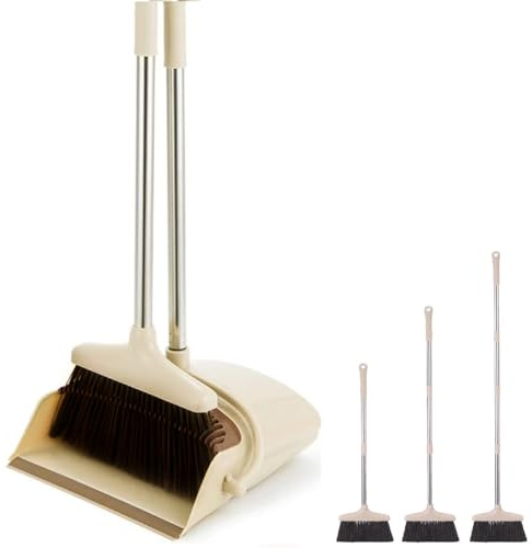 Yuragim Set di scopa e paletta, con manico e paletta con manico lungo, 137 cm, paletta verticale e scopa, per la pulizia della casa, ufficio (beige)