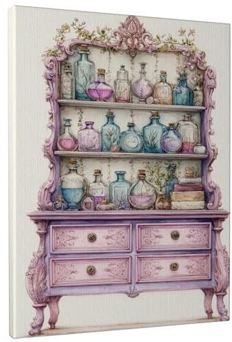 Arte de pared de boticario vintage, frascos de vidrio azul violeta, impresión en lienzo, decoración rústica para el hogar, sala de estar, dormitorio, cocina, oficina, 16 x 20 pulgadas