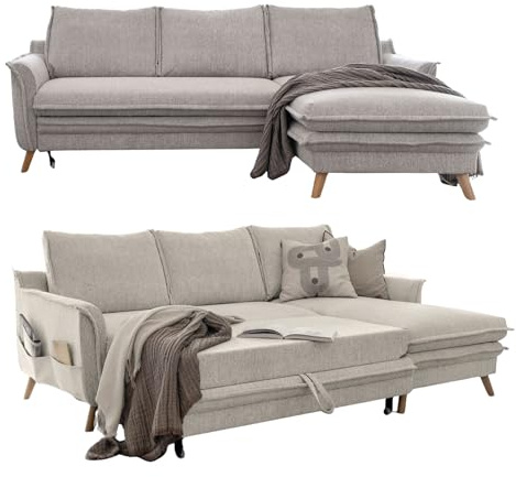 MIUFORM Charming Charlie S mit Bettkasten | limitierter Polsterstoff | 4 Sitzer Ecksofa | L-Form Links | 228 x 150 x 90cm Couch | Klappsofa mit Schlaffunktion | Schlafsofa klappbar (Salz und Pfeffer) | Sofa mit Schlaffunktion, 4er Ecksofa mit Schlaffunktion, Ecksofa L-Form mit Chaiselongue, 228x150x90cm Eckcouch, L Sofa Bed