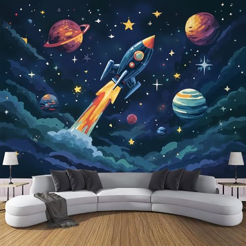 Tapete Kinderzimmer Cartoon Weltraum Rakete Fototapete Wohnzimmer, Planet Universum Vliestapete Küche, Wand Deko Tapeten, 250×175cm(W×H) Wandverkleidung Blau XL Wandtapete Schlafzimmer