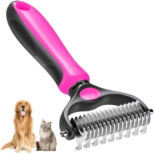 Undercoat Rake for Dogs & Cats, Dematting Comb with Extra Wide Double-Sided Stainless Steel Teeth for Detangling, Deshedding, Brushing, Thinning & Removing Shed Fur, Knots, Mats, and Tangles in Pets