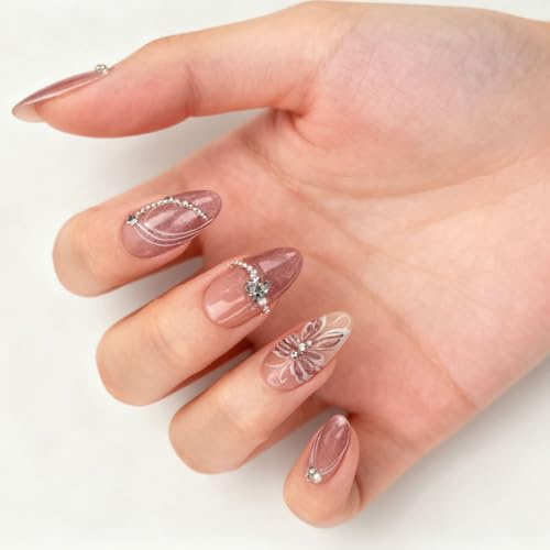 Xanthelle Press On Nails, 30 Stück Kurz Soft Gel Press On Nails, Fake Nails mit Perlen & Strass, Künstliche Nägel in Mandel-Form für Damen, Klebenägel