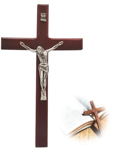 Sariputa Kreuz Kruzifix 20 × 11,5cm Wandkreuz Holzkreuz Wanddekoration Platin Holzkreuz mit Legierung Jesus Christus Katholische Wandkunst Kreuz für Kirche Zuhause Dekor Wohnzimmer-Wanddekoration