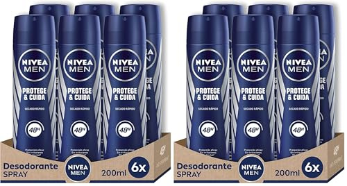 NIVEA MEN Protect & Care Quick Dry - Desodorante Antimanchas en Spray - 72h Protección Derma Active Antitranspirante - Sin Alcohol - Combate el Sudor, el Mal Olor y la Irritación - Pack 6 x 50 ml