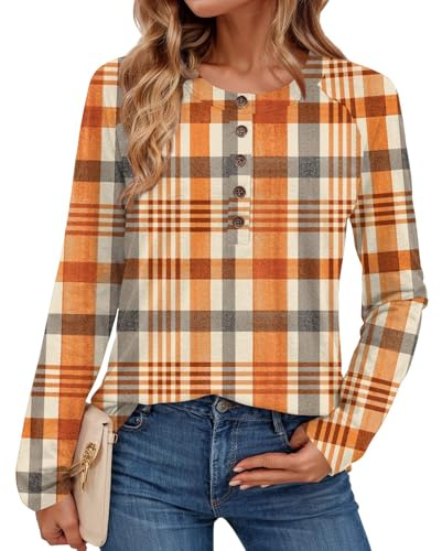 Women Print Casual Loose Fit Blouse Long Sleeve Button Front Tops Shirts Crew Neck Lightweight Pullover T Shirts