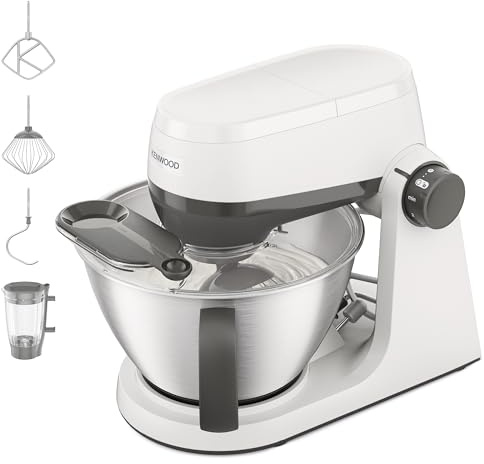 Kenwood Multi Tasker - Küchenmaschine mit Standmixer-Aufsatz, 1000W Motor, 44% leiser*, 4,3l Schüssel (1,7kg Teig), 7 Stufen, Rührarm-Lift, Zubehörfach, Spritzschutz, Weiß (KHC30.040WH)