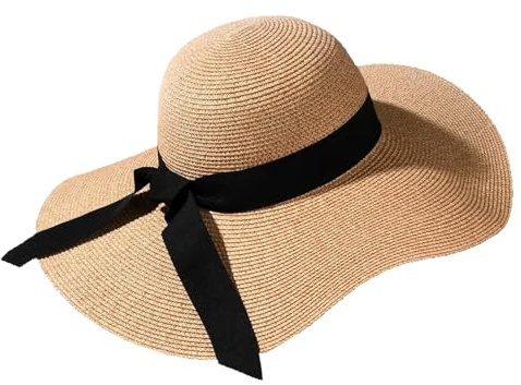 EDLMKM Straw Hat, Wide Brim Straw Sun Hat, Sun Hats for Women UK, Sun Hat, Summer Hats for Women, UV Protection, Foldable Floppy Beach Sun Hats for Womens Brown