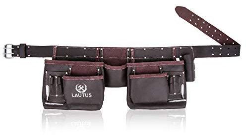 LAUTUS Oil Tanned Leather Tool Belt/Pouch/Bag, Carpenter, Construction, Framers, Handyman, Electrician - 100% LEATHER