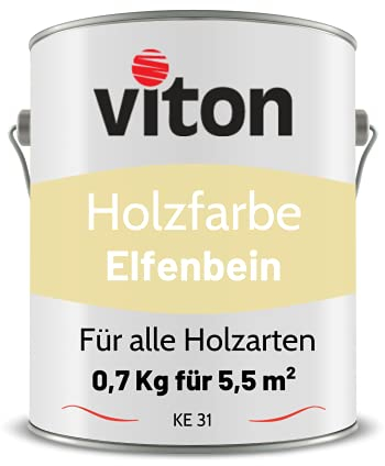 Viton Holzfarbe in Beige - 0,7 Kg Holzlack Seidenmatt - Wetterschutzfarbe für Außen - 3in1 Grundierung & Deckfarbe - Profi-Holzschutzlack - KE31 - RAL 1015 Hellelfenbein