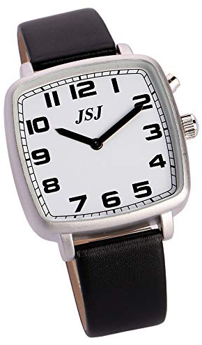 VISIONU Quadratische deutsche sprechende Uhr mit Alarmfunktion, Sprachfunktion, Uhrzeit und Datum, weißes Zifferblatt, schwarzes Lederarmband TGSW-1704G