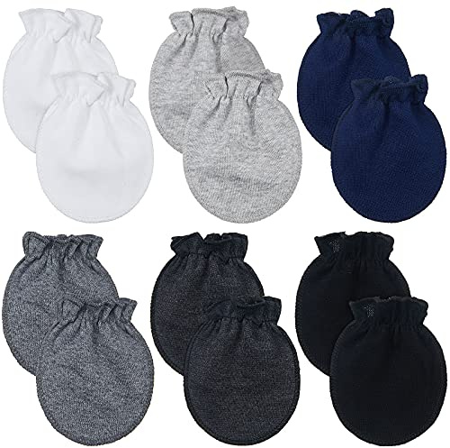 Syhood 6 Pairs Newborn Baby Mittens Cotton No Scratch Infant Gloves Mitten for Baby 0-6 Months Boys Girls(White, Light Grey, Black, Medium Grey, Black Grey, Navy Blue)