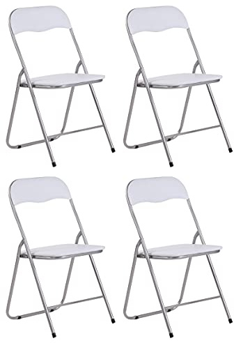 CLP 4er Set Klappstuhl Felix Gepolstert I Küchenstuhl Mit Metallgestell I Kunstleder PVC Sitz Gepolstert I Stühle Klappbar I Campingstühle, Farbe:weiß/Silber
