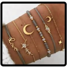 Wedity Bracelets Étoile et Lune Triangle Noir Turquoise Bracelets Perlés Carte Fleur Vagues Accessoires Main Réglable pour Femmes et Filles (C)
