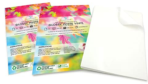 Evergreen Goods 20 Sheets A4 Waterproof Vinyl Sticker Paper, Self-Adhesive Glossy White PVC Sticker Sheets | Inkjet & Laser Printable, Perfect for Custom Labels, High-Resolution Stickers & DIY Crafts