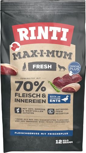 RINTI - Max-i-Mum | Trockenfutter für ausgewachsene Hunde mit 70% Fleisch & Innereien. Getreidefreies Alleinfutter im Beutel mit ausgewogenem Protein-/Fett-Verhältnis | 12kg Ente