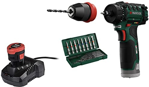 NA-1 Parkside 12V Cordless Drill 2-Speed Drive infinitely Variable Speed/Quick Stop, 8 Screwdriver bits 8 HSS Drills, Removable Metal keyless Chuck Quick Release, Battery/Charger Included