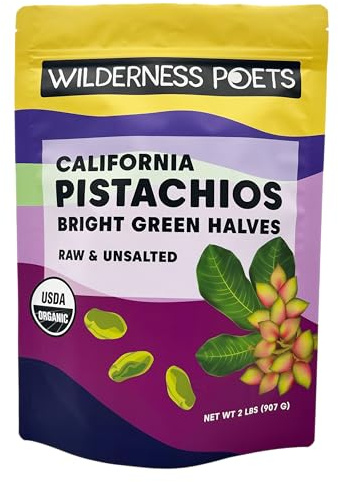 Wilderness Poets, Organic Pistachios - Bright Green Pistachio Nut Halves, No Salt, Grown in California (2 Pound)