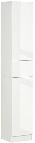kleankin Badezimmerschrank, Hochschrank, Hochglanz, Badschrank mit Schublade, Aufbewahrungsschrank, Mehrzweckschrank mit Drucköffner, Kippschutz, Spanplatte, Weiß, 30 x 28 x 170 cm