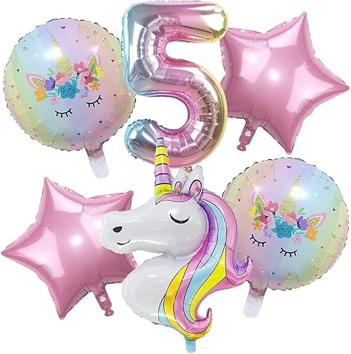 Einhorn Luftballons 5. Geburtstag, 6 Stück Ballons für Mädchen, Helium Folienballon Kindergeburtstag Deko