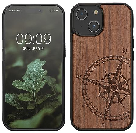 kwmobile Hülle kompatibel mit iPhone 15 Hülle - Holz Case - Handy Cover - TPU Handyhülle in Dunkelbraun Kompass Vintage