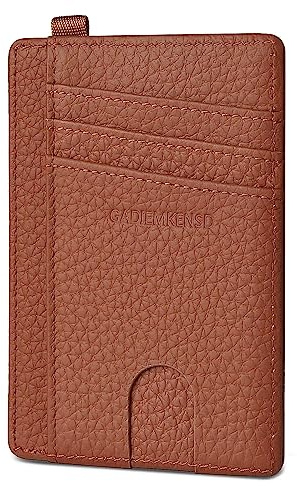 GADIEMKENSD Minimalist Genuine Leather Credit Card Holder RFID Blocking Light Slim Wallet with D-Loop for Lanyard Key Compact Bus Pass Purse for Men Women Business Travel Brown