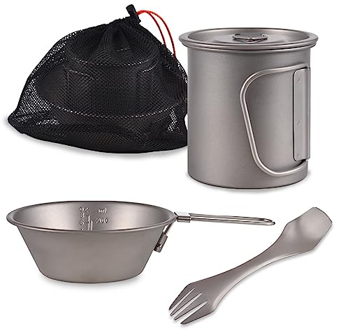Doorslay Camping Kochgeschirr, Tragbar Camping Besteck Titan Tasse Schüssel Spork, 3 Stück Set Geschirr Outdoor Kaffeetasse Becher Picknick Set Faltbar für Camping im Freien, Wandern