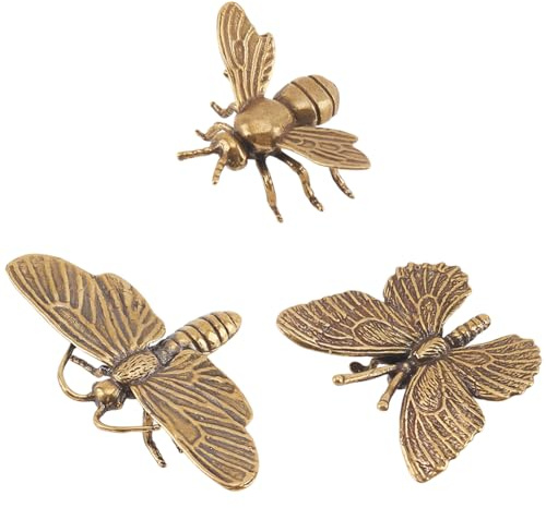 DELORIGIN 3pcs Mini Bee Sculpture Brass Dragonfly Butterfly Decor Ornament Retro Honeybee Good Luck Animal Figure Statues for DIY Craft Insect Ornaments Home Office Desktop Decorative