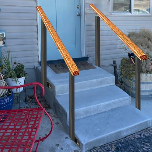 Wood Handrails for Outdoor Steps, Fits 1-3 Steps, Safety Non-Slip Stair Railing with 2 Wrought Iron Posts Adjustable 270° Angle Bracket, for Exterior Garden Front Porch Hand Rail ( Color : Height 85cm