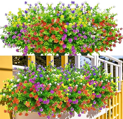 Kinisty 12 Bundles Artificial Plants and Flowers for Outdoor Garden | UV Resistant. Decorations for Outside Window Boxes, Hanging Baskets & Planters.