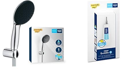 Grohe Vitalio 110 - Wandhalterset wassersparend ~8l/min + Kleber (1 Strahlart, Standardanschluss, mit 175cm Brauseschlauch und Brausehalter), rund, chrom