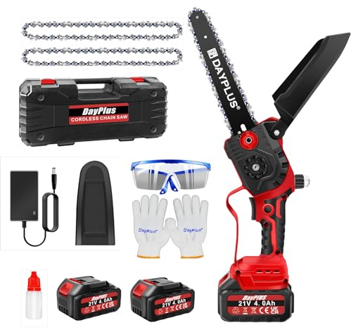 Cordless Mini Chainsaw 8 Inch, Chainsaw with Dual Battery & 2 Chains, Light Weight Battery Chainsaw Electric, Small Chain Saw with Safety Lock and Strong Motor for Tree Cutting