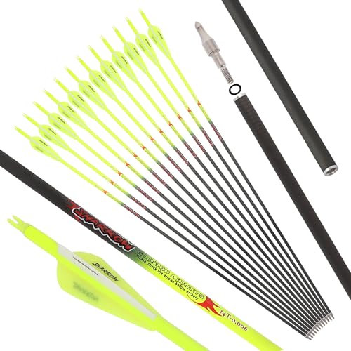 surwolf 32,5 Bogenschießen Zielpfeil ID4,2&6,2mm Reiner Kohlenstoffpfeil Jagdpfeil mit 80~100gr Pfeilspitze Spine 300~1000 für Compound & Recurvebogen 12 Stück (gelb-ID6.2, 600)