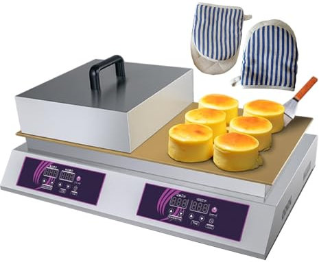 forplubossmmp Commercial Electric Griddle Souffle Machine with Lid & Shovel & Gloves, Electric Contact Grill with Temp Control 60-240°C, Countertop Bread Machine, 2600W Fast Heating(Double-head)