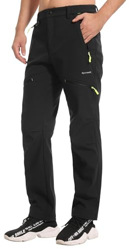 KUTOOK Pantalon Trekking Hombre Softshell Invierno Impermeable Térmico Forro Polar Cálido Pantalones de Esquí Goretex Trabajo Nieve Negro L
