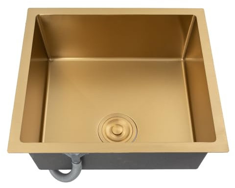 Fregadero de cocina de acero inoxidable, 50 x 45 cm, color dorado, para montaje bajo encimera o encimera, con escurridor a prueba de rebosadero