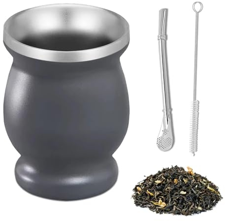 Mate Set, Juego de Taza para Té Mate, Acero Inoxidable, Taza para Té Mate, Con Cuchara para Pajita y Cepillo de Limpieza, Juego de Taza Mate para Té Mate, Café, Leche y Zumo, Gris, 8oz