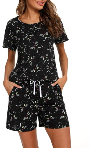 MIA LUCCE Pijama corto de algodón para mujer, ropa de dormir de dos piezas para mujer, conjunto de pijama de verano, traje de casa con estampado dulce parte superior y pantalón corto, camiseta de