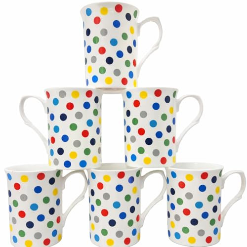 Polka Dot Fine Bone China Mugs Set of 6, 300ml Multicoloured Cups | Set of 6 multicoloured polka dot fine bone china mugs, 300ml each; microwave and dishwasher safe for everyday use.