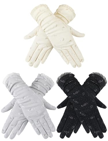 Fourluoo 3 Pairs Women UV Gloves Sun Protection Full Finger Women's Cycling Touchscreen Gloves Breathable for Cycling and Driving(Black, Beige, Gray)