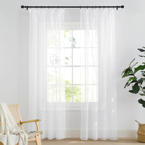PONY DANCE Gardinen Weiß Transparent Voile Vorhänge für Schienensystem | 2er Set, H220 x B140 cm, Vorhang Durchsichtig, mit Kräuselband für Schiene, für Schlafzimmer Wohnzimmer Kinderzimmer Büro
